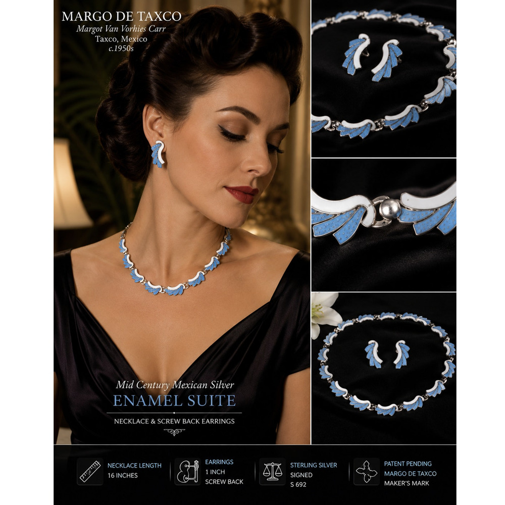 Vintage Margot De Taxco Silver Blue and White Enamel Necklace and Earring set